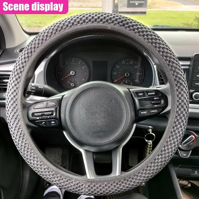 Elastic Stretch Steering Wheel Cover, Anti-Slip, 15inch, Grey | Microfiber Odorless Breathable Ice Silk Car Steering Wheel Protector, Easy Carry, Warm in Winter & Cool in Summer