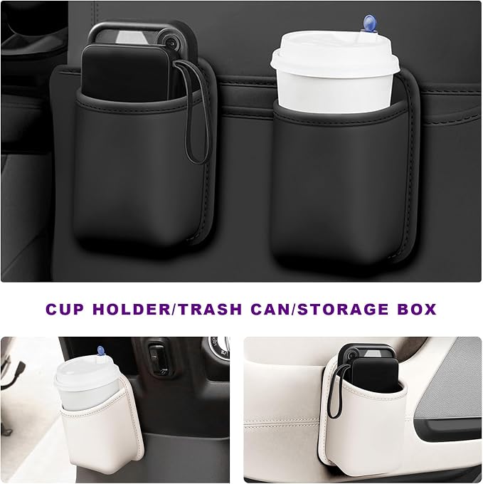 2 PCS Large Car Door Cup Holders, Clip On Beverage Drink Holder Vehicle Door Storage Organizer, Scratch-Resistant Leather Water Bottle Hanging Holder for SUV Sedan Truck (Black+White)