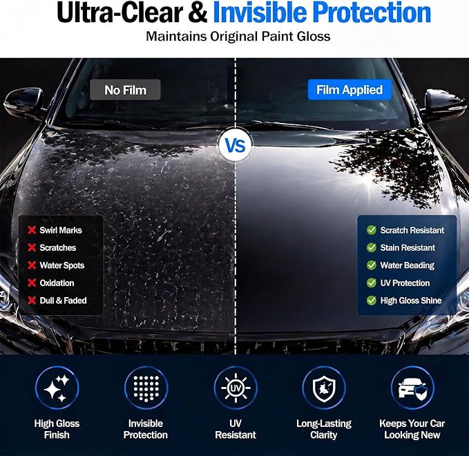 BreezeHug 60" x 20ft TPH Paint Protection Film, Self Healing Clear Car Wrap with Hydrophobic Coating, High Gloss Ppf Vinyl for Scratch Resistant Automotive Surface Protection
