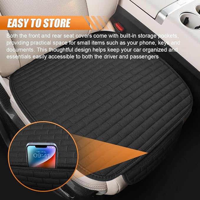 Car Front Seat Cover, Breathable Linen Auto Seat Cushion (Blacks) | Anti-Slip Vehicle Seat Pad with Storage Pocket, Universal Automotive Seats Protection Mat for Car, SUV, Truck