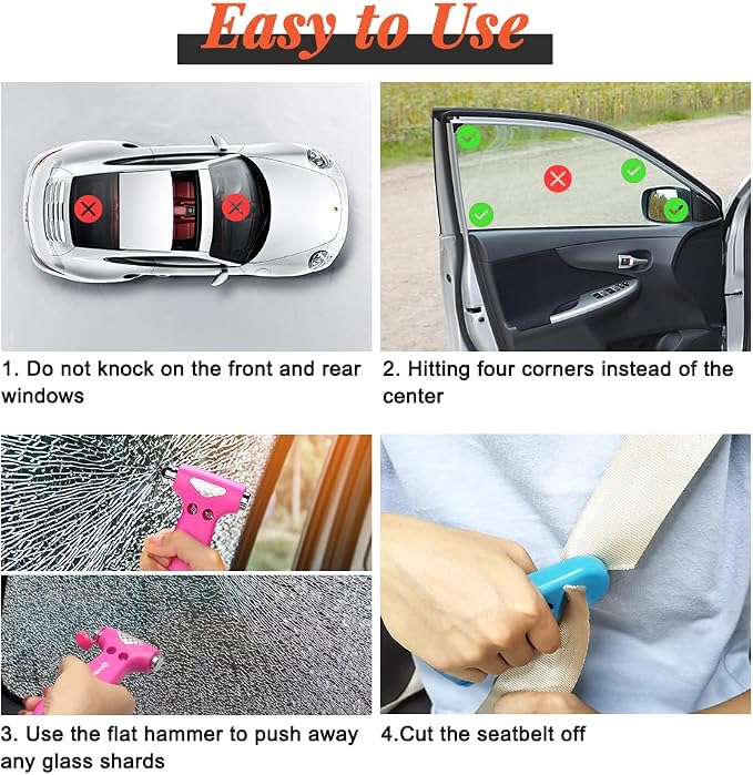 SENSEN Window Breaker Seatbelt Cutter, Car Emergency Escape Tool to Break Glass, Safety Hammer, 3-in-1, 2 Pack, Orange