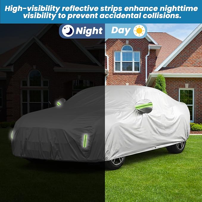 210D Oxford Car Cover Compatible with Ford Mustang, Waterproof Outdoor Full Exterior Coupe Protector, UV Rain Snow Dust, Windproof Straps, Reflective Strips, Silver, 195 x 77 x 59 in