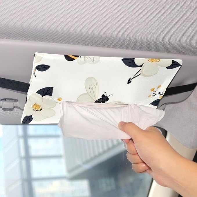 White Flower bee (4) Car Tissues Holder for Car, Visor Tissue Holder, Car Tissue Box, Car Disposable Masks Holder, Mask Dispenser for Car