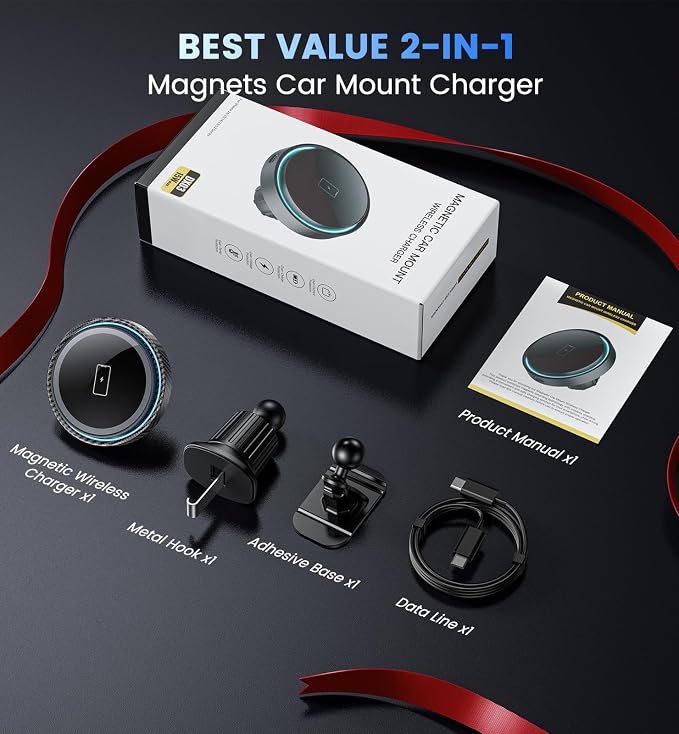 Magnetic Car Charger Mount 15W for iPhone 17-12 Pro Max | N52 Strong Magnets, 360° Rotation, Dashboard & Vent Mount, Compatible with Magnetic Cases, Gift for Men, Black