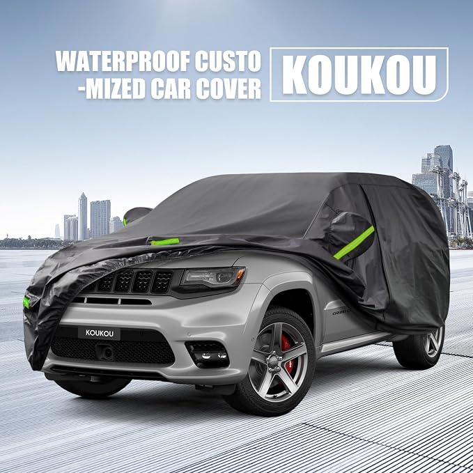 KouKou Waterproof SUV Car Cover Suitable for Jeep Grand Cherokee from 2005 to 2025, 7 Layers Windproof All Weather Waterproof Outdoor Cover Sun Rain UV Dust Snow Protection. Black