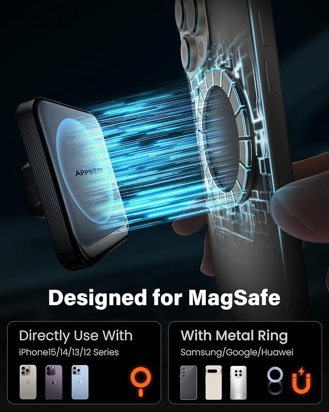 APPS2Car Magnetic Car Phone Holder, Compatible with MagSafe, Magnetic Phone Mount for iPhone 17 16 15 14 13 Series, Universal Magnet Phone Holder for Car