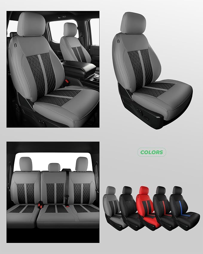 for Ford F150 Leather Seat Covers, SuperCrew XL XLT 2021-2026, F250 F350 F450 Super Duty Crew Cab 2023-2026, Custom Truck Seat Cover Full Set, Pickup Accessories, Gray Black (Bucket Seat)