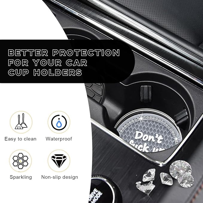 Ohleats Bling Car Cup Coaster, 2.75 Inch Non-Slip Don't Fuck Up My Car Please Cup Holder Insert Coaster, Crystal Rhinestone Auto Drink Cup Mat, Universal Car Accessories (Gray-4PCS)