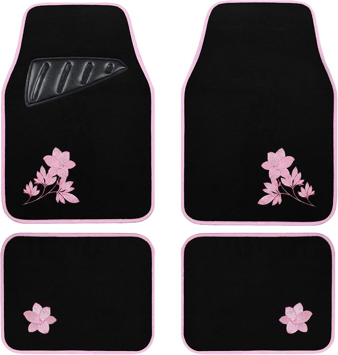August Auto Universal Fit Flower 4PC Carpet Car Floor Mats with Heelpad Fit for Sedan, SUVs, Truck, Vans