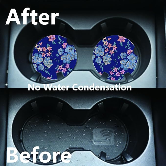 2pcs Cute Blue Flowers Car Coasters,Absorbent Universal neoprener Cup Holder Coasters with a Finger Notch,Car Accessories for Women&Man Interior,2.75" 9