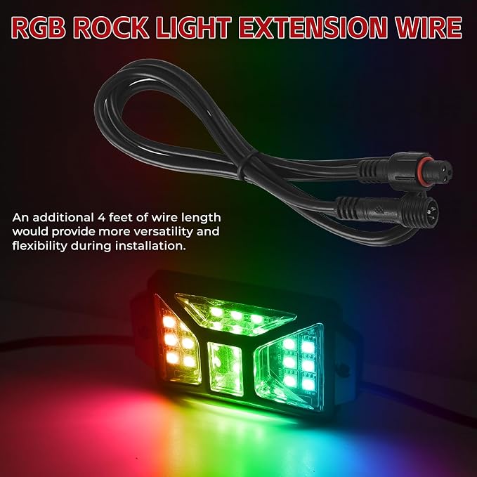 4 PCS 4FT 3 Pin Full Angle RGB Rock Light Extension Wire, Design for Our Brand's Neon Light Kits, Other Brands Must Meet Length of the Male Plug is 0.24 Inches and The Female is 0.39 Inches