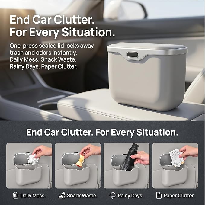 Car Trash Can with Lid, Leakproof Auto Garbage Bin, Hanging Mini Vehicle Trash Bin, Essentials Interior Car Accessories for Organizer, Vehicle Garbage Can for SUV, Truck, Auto (Grey)