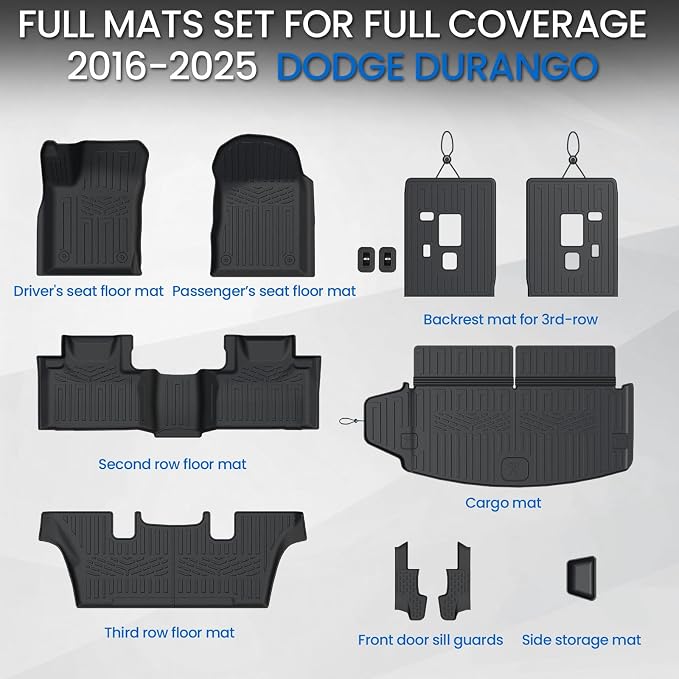 Floor Mats Set for 2016-2026 Dodge Durango (Only for 6 Seats with Captain Chairs), All Weather TPE Backrest Mat Trunk Mat Cargo Liner Door Sill Guards Accessories