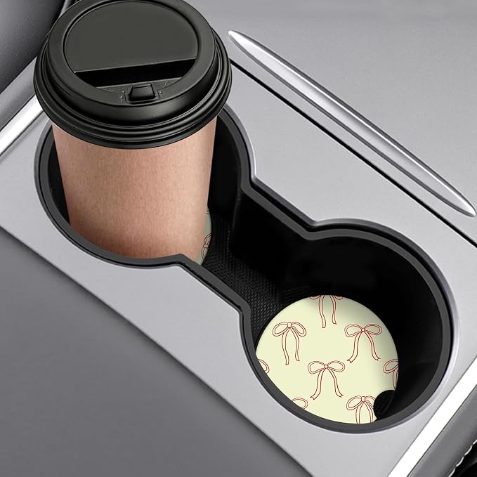 Cute Bowknot Car Coasters,Absorbent 2 Pack for Cup Holders with Finger Notch,2.56 inches Ceramics Heat Resistant Anti Slip Cork Base Car Drinks Coasters Auto Cup Holder