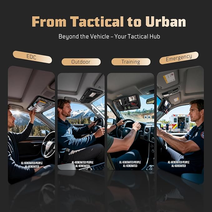 OneTigris Tactical MOLLE Sun Visor Organizer, Car Visor Panel EDC Storage | Features multi pockets with zipper pouch, detachable photo/ID panel, and glasses clip for versatile vehicle storage