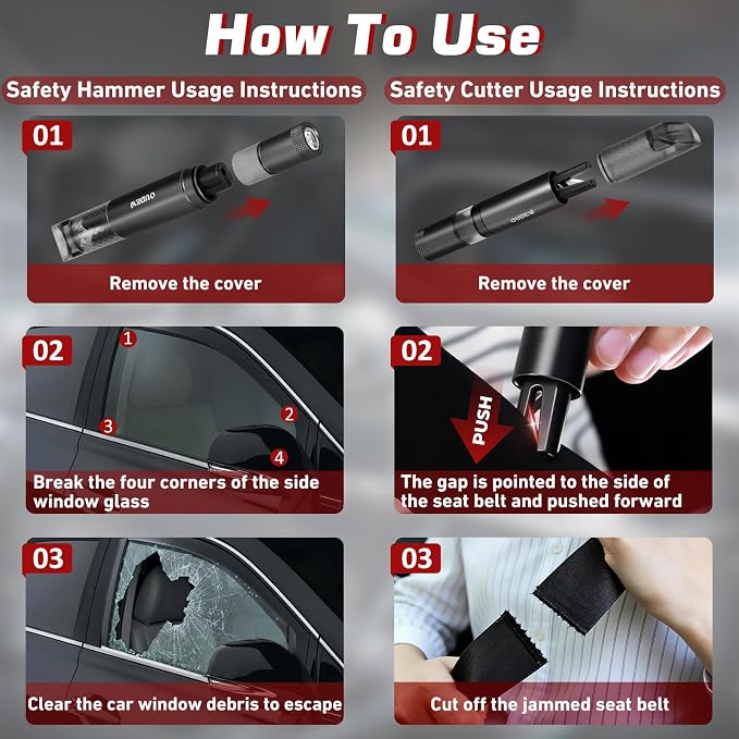 4-in-1 Car Window Breaker Seatbelt Cutter Emergency Escape Tool | Portable Spring Loaded Glass Breaker, Survival Whistle, LED Flashlight, Aluminum Alloy Safety Hammer for Emergencies, Black