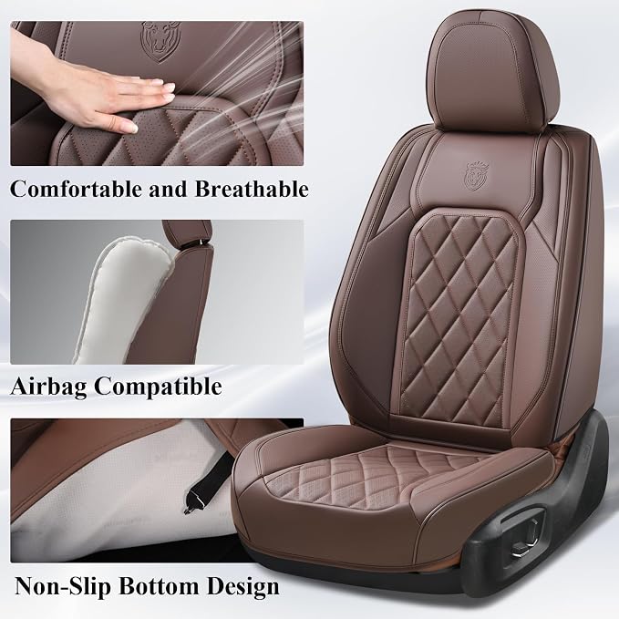 Coverado Front Seat Covers, Car Seat Covers Front Seats, Luxury Faux Leather Seat Covers for Cars, Car Seat Protector Waterproof, Automotive Driver Seat Cover Universal Fit for Most Cars, Brown