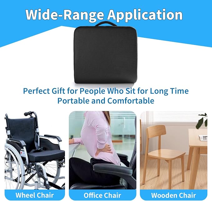 YOUFI Extra Thick Large Seat Cushion -19 X 17.5 X 4 Inch Gel Memory Foam Cushion with Carry Handle Non Slip Bottom - Pain Relief Coccyx Cushion for Wheelchair Office Chair (Black (1PACK))