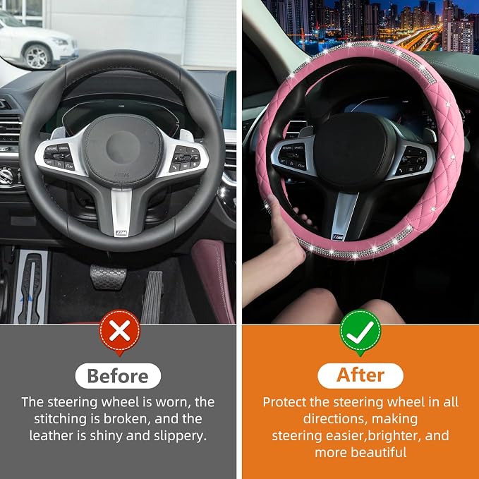 Diamond Steering Wheel Cover,14.5-15 Inch Car Steering Wheel Cover with Bling Crystal Rhinestone,Delicate and Anti-Slip Sparkly Car Wheel Protector for Women Girl,Pink