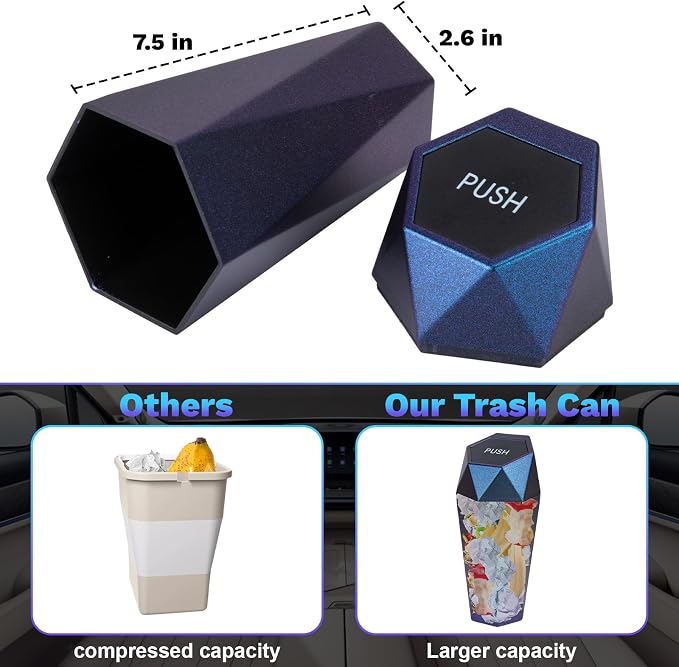 BFXM Car Trash Can, Car Trash Bin with Lid, Car Accessories for Women Interior, Car Garbage Can with Additional 2 ABS Hooks and 60pcs Trash Bags, Suitable for Home, Office, Car Organizer, Blue Purple