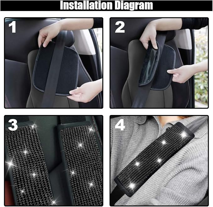 GLSOWEE 2PCS Bling Car Seat Belt Shoulder Pads for Women, Black Diamond | Bling Rhinestones Seat Belt Covers, Car Seatbelt Strap Pad with Crystal Diamond, Car Interior Accessories for Car SUV