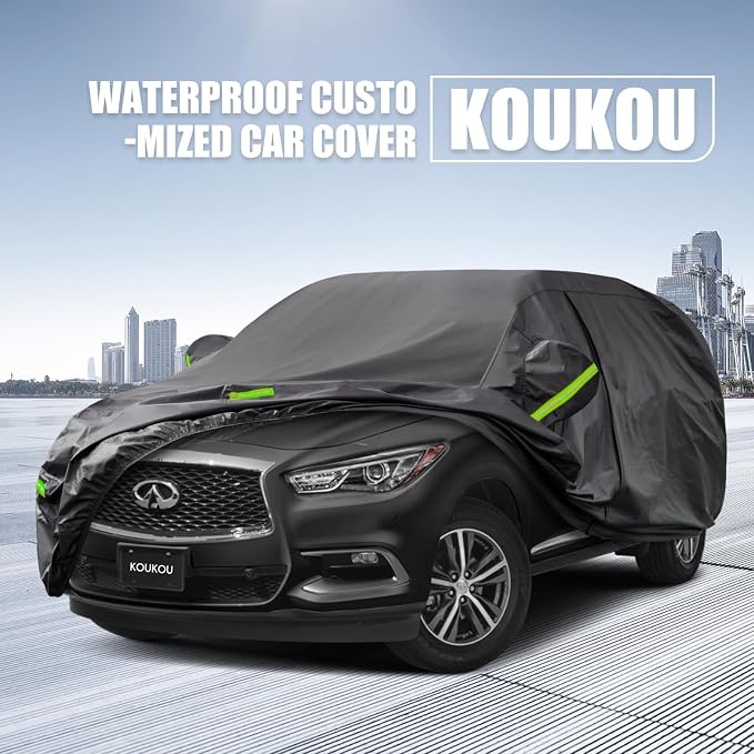 KouKou Waterproof SUV Car Cover Suitable for Infiniti QX60 (2013-2024), 6 Layers Windproof All Weather Waterproof Outdoor Cover Sun Rain UV Dust Snow Protection. Black