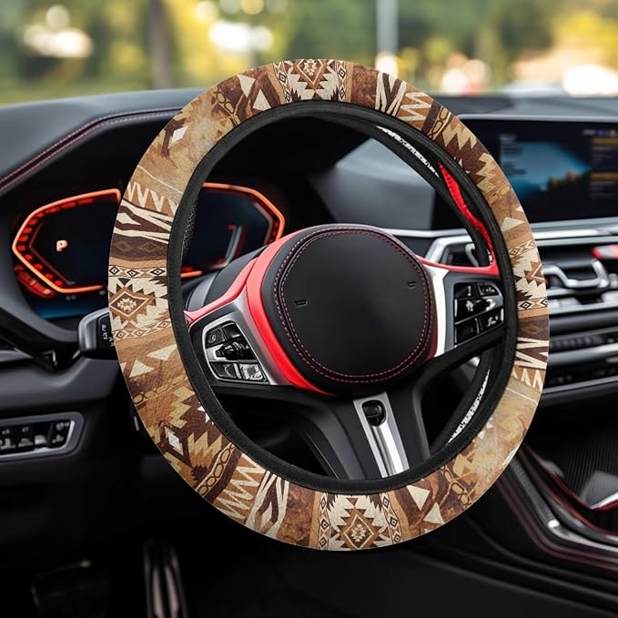 Wanyint Auto Steering Wheel Cover Universal Stretch 15 Inch Anti-Slip Neoprene Car Steering Wheel Protector for Women Men, Aztec Navajo Geometric Brown