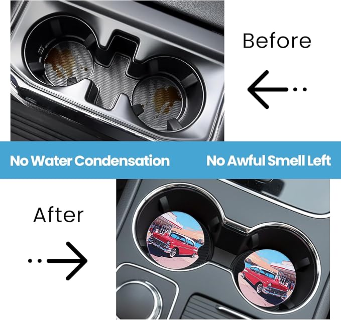 2 Pack Car Coasters for Cup Holders, Absorbent Ceramic Stone Cup Coaster with Non-Slip Cork Base&Finger Notch, Vintage Classic Red Car Gas Station Auto Interior Accessories, Universal 2.59 in