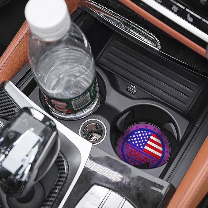 AUCELI 4 Pack Car Cup Holder Coasters, Colored American Flag US Flag Insert Car Cup Coaster, 2.75 Inch Anti Slip Shockproof Embedded Drink Mat, Vehicle Interior Decor Accessories