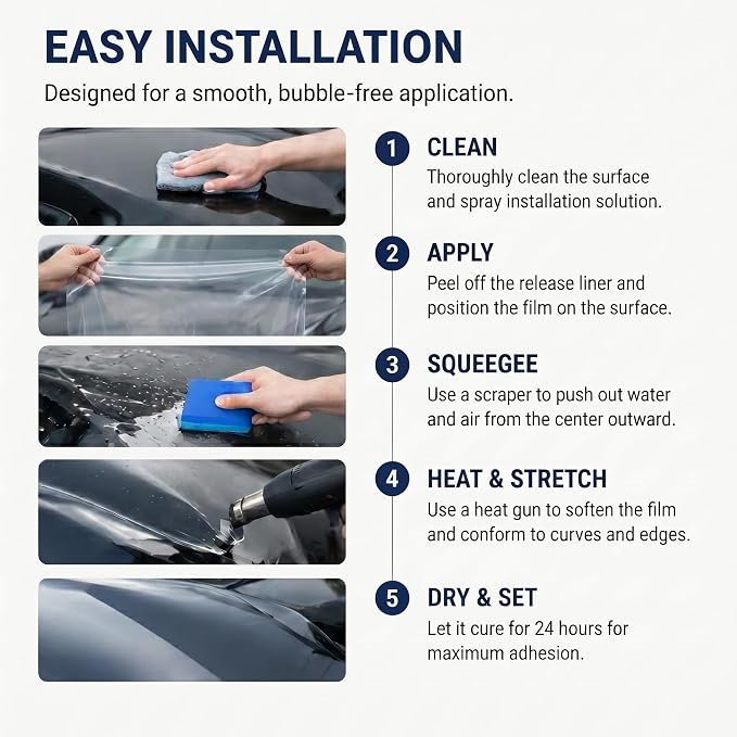 Piano Black PPF Paint Protection Film – 5FT x 50FT Roll with PET Liner, Ultra Gloss Finish, Bubble-Free & Repositionable Adhesive, UV Protection for Tesla Model Y/SUV/Truck (Gloss Clear)
