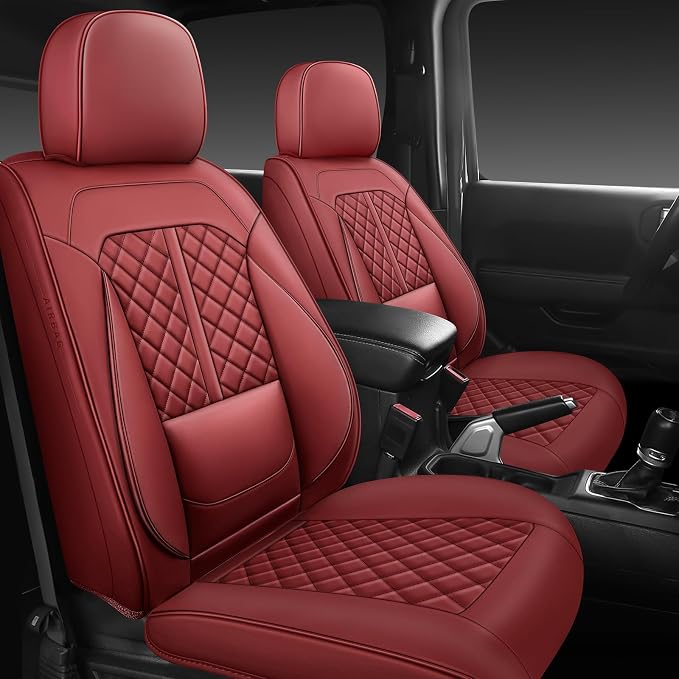 Wrangler Seat Covers 2007-2017,Custom Fit for Jeep Wrangler JK JL 4 Door Unlimited Sahara/Sport/Rubicon X 392 Willys,Waterproof Faux Leather and Lumbar Support (Wine Red, Full Set-5 seats(07-17))
