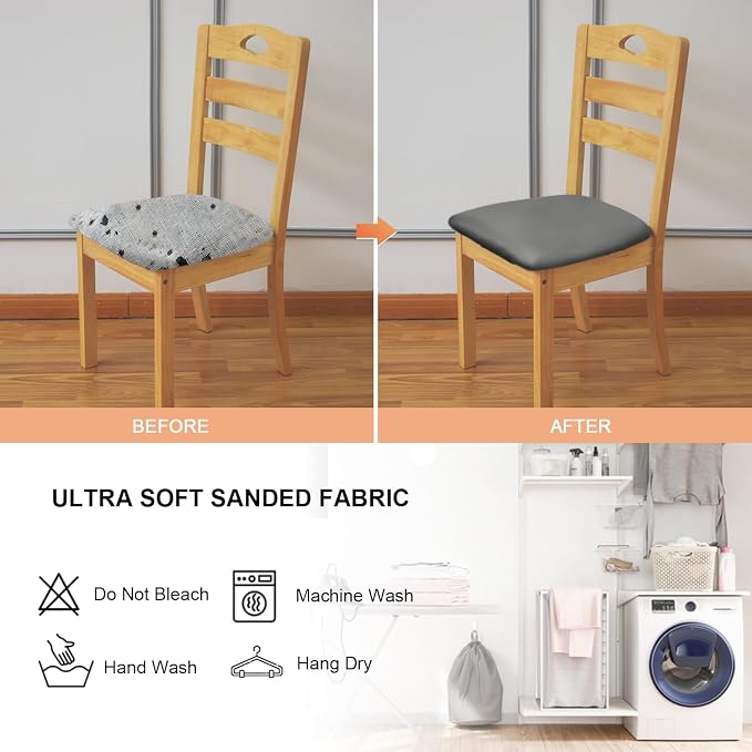 Leather Stretch Chair Seat Covers with Elastic Ties,Waterproof Dining Room PU Leather Chair Cover Seats,Removable Washable Chair Protector Seat Cushion Slipcovers for Home,Kitchen (Gray, 4 PCS)