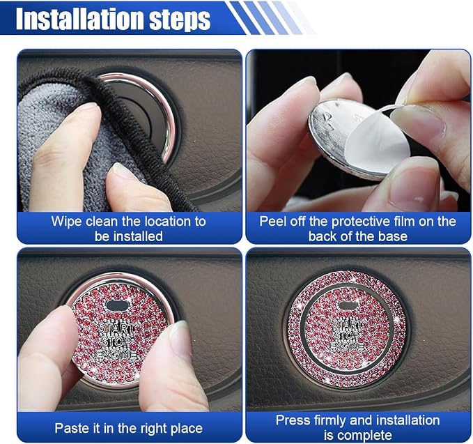Bling Crystal Car Engine Start Ring Sticker, Sparkling Rhinestone Push Start Button Decorative Cover, Anti-Scratch Key Ignition & Knob Bling Ring Car Interior Accessories for Women (Pink)