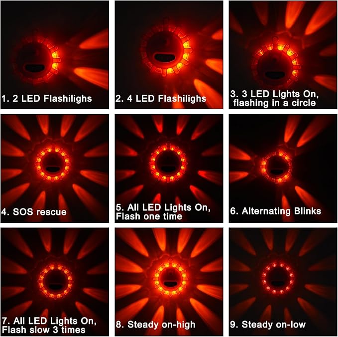 AK LED Road Flares Rechargeable Safety Flashing Warning Light Roadside Emergency Disc Beacon Kit for Vehicles Boats with Magnetic Base & Hook & USB Charging Cables (1 Pack)