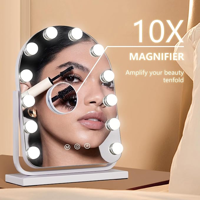 Makeup Mirror with Lights-3 Modes,Smart Touch Control,Detachable 10X Magnification,15.7"×11.8" Hollywood Vanity,360° Rotation (White)