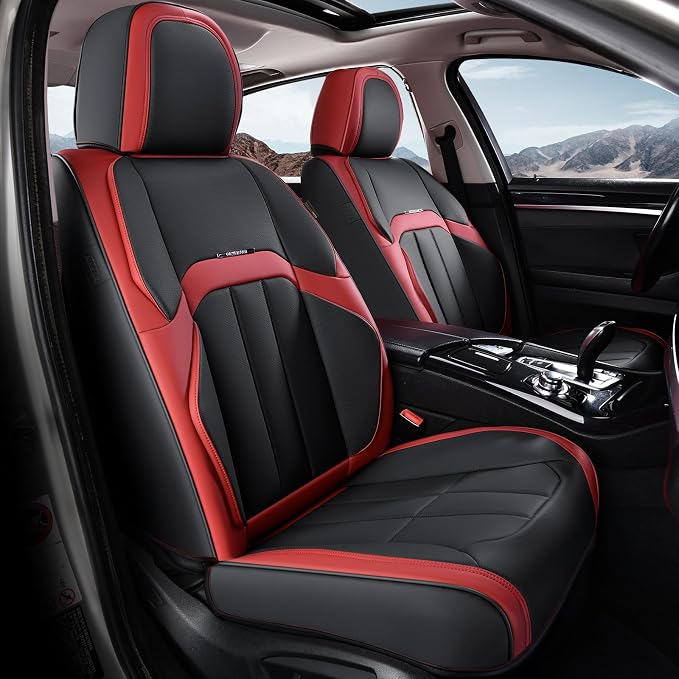 Coverado Car Seat Cover, Cover for Cars Full Seat, Premium Leather, Universal Fit Waterproof Seat Protectors, Car Seat Cushion Non-Slip for Most Cars-Black Red