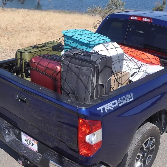 Cargo Net for Pickup Truck Bed, 5' x 7' Stretches to 10' x 14' Heavy Duty Small 4”x4” Latex Bungee Net Mesh for Road Trip, Compatible with Dodge Ram, Chevy Ford, Toyota
