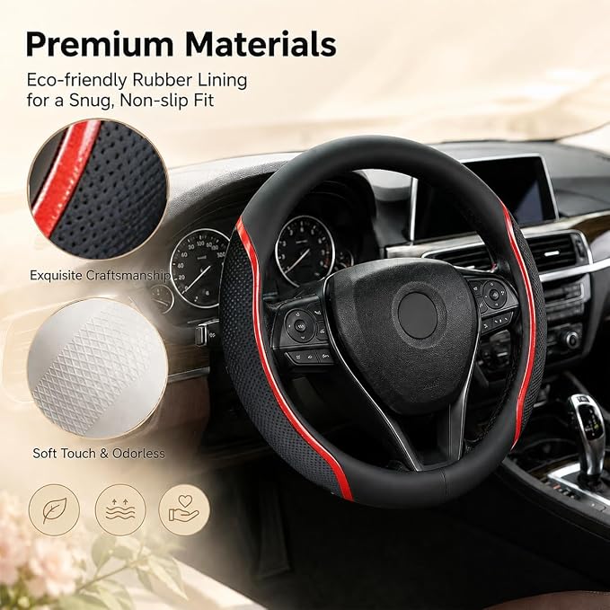 Steering Wheel Cover Black and Red Leather Universal 14.5-15 inch | Carbon Fiber Car Steering Wheel Covers with Coasters Microfiber Breathable Anti-Slip Steering Wheel Accessories Set