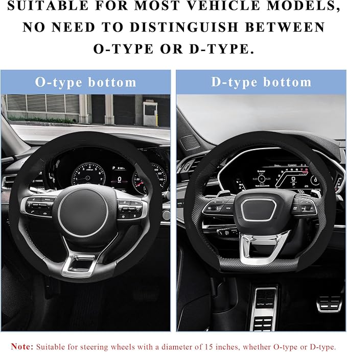 Steering Wheel Cover, 15 Inch Anti-Slip Breathable Steering Wheel Protector Auto Interior Decor, Heat-Resistant Comfort Grip Wheel Cover Universal for Most Cars Trucks SUVs (Black)