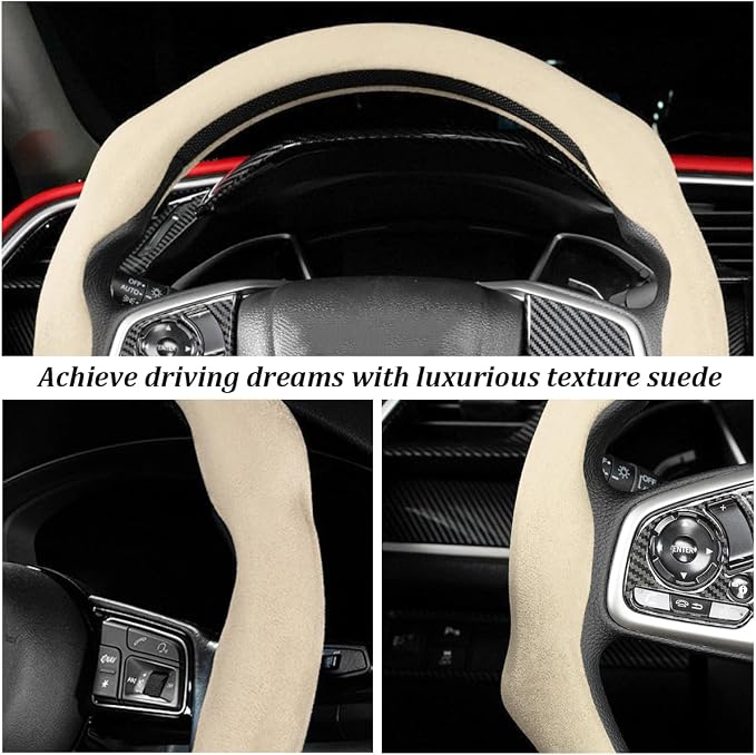 Car Steering Wheel Cover, Soft Brethable Suede Non-Slip Vehicle Steering Wheel Protector, Comfortable Sporty Auto Interior Protection Accessories, Universal for Truck SUV Van (Light Yellow)