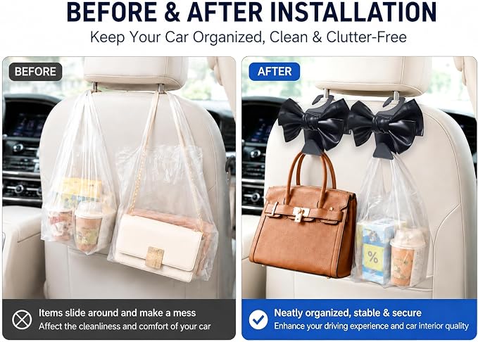 2 Pack Car Purse Holder for Handbags and Bags, Headrest Back Seat Hooks for Cars, Car Bag Hanger for Groceries, Coats, Umbrellas and Daily Essentials, Bow-Shaped Car Interior Organizer (black)