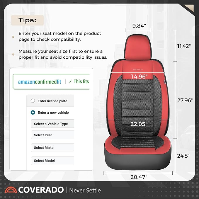 Coverado Car Seat Covers Full Set, Luxury Leather Car Seat Covers, Automotive Front and Rear Mesh Seat Covers, Full Set 5 Seats, Black Red Seat Covers for SUV Sedan Truck