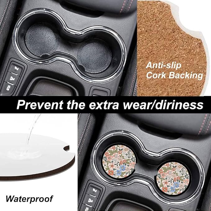 Absorbent Car Cupholder Coaster 2 Pack, Cute Car Coasters with a Finger Notch for Women & Men,2.56" Ceramic Stone & Non-Scratch Cork Base Drink Coasters (Cute Flowers&Grass)