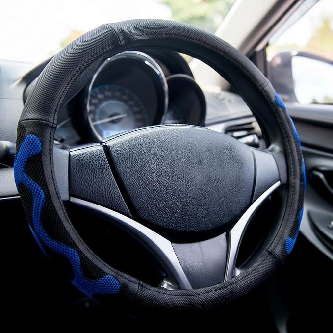 DaisyInner 17.5-18 Inch Steering Wheel Cover for Semi Truck No-Slip & Comfy Grip for Semi Trucks, Rv, Big Rig and 18 Wheelers(Mesh D,Leather,Blue)