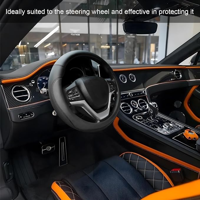 Leather Steering Wheel Cover, Anti-Slip Full Surround Car Wheel Protector with Comfortable Grip, Universal Elastic Decorative Cover Fit for 14 1/2-15 Inch Steering Wheels (Black)