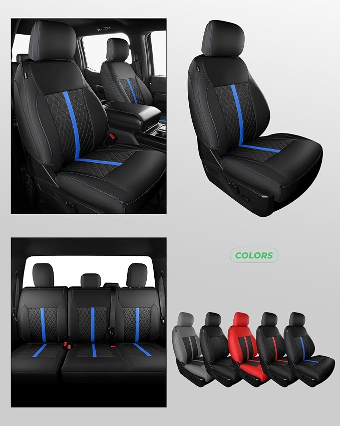 for Ford F150 Leather Seat Covers, SuperCrew XL XLT 2021-2026, F250 F350 F450 Super Duty Crew Cab 2023-2026, Custom Truck Seat Cover Full Set, Pickup Accessories, Black Blue (Bucket Seat)
