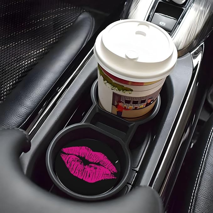 80s Hot Pink Kiss Lips Absorbent Ceramic Car Coasters 2 Pack Round Insert Cupholder Coaster Car Cup Holder Mat with Finger Notch Anti-Slip Cork Base Reusable Drink Coasters 2.56 in