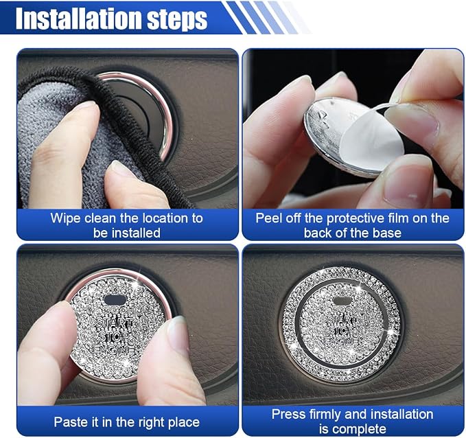 Bling Crystal Car Engine Start Ring Sticker, Sparkling Rhinestone Push Start Button Decorative Cover, Anti-Scratch Key Ignition & Knob Bling Ring Car Interior Accessories for Women (2PCS White2)