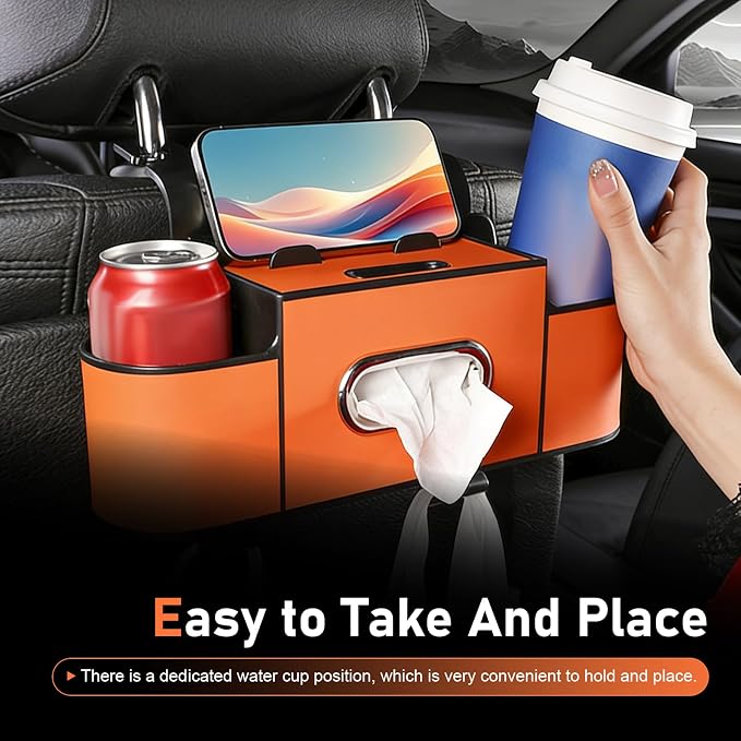 4-in-1 Back Seat Car Organizer, Leather Multifunctional Seat Back Storage with Phone Holder Tissue Box Cup Holders Hooks, Waterproof Hanging Organizer, Universal for Most Cars (Orange)