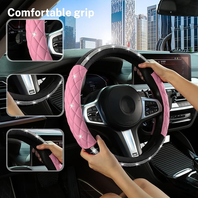 Steering Wheel Cover,with Diamond Crystal Rhinestone,Delicate and Anti-Slip Bling Steering Wheel Cover ,Adaptable to 14.5-15 inches Car Wheel Protector for Women Girl ,Black & Pink